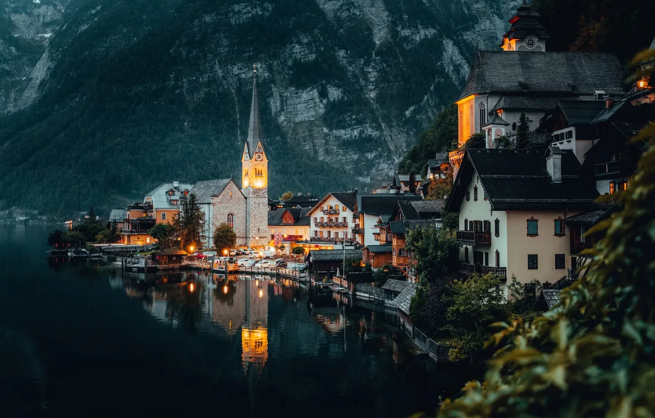 Photo wallpaper mountains, the city, lake, Hallstatt