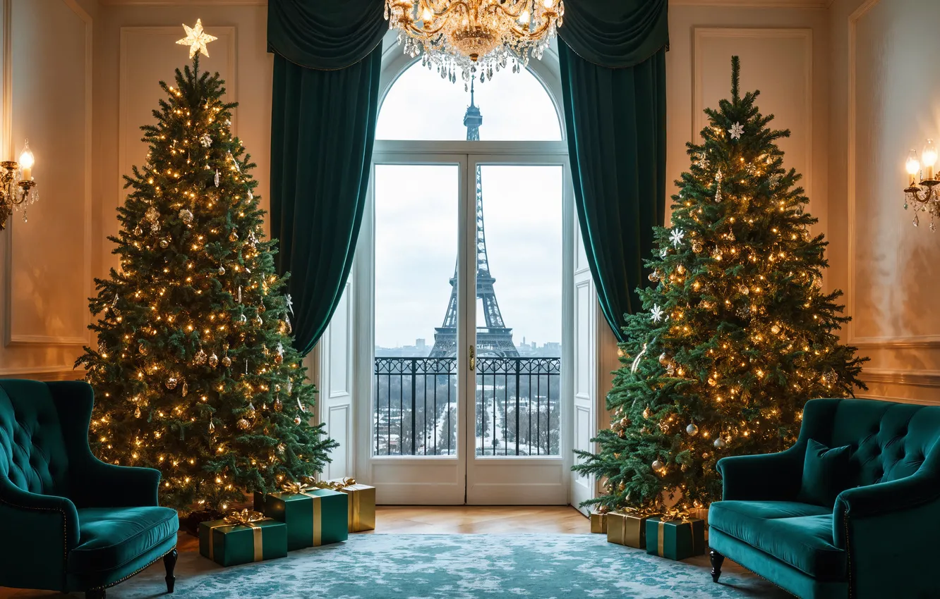 Photo wallpaper room, Paris, tree, new year, interior, Christmas, Eiffel tower, Paris