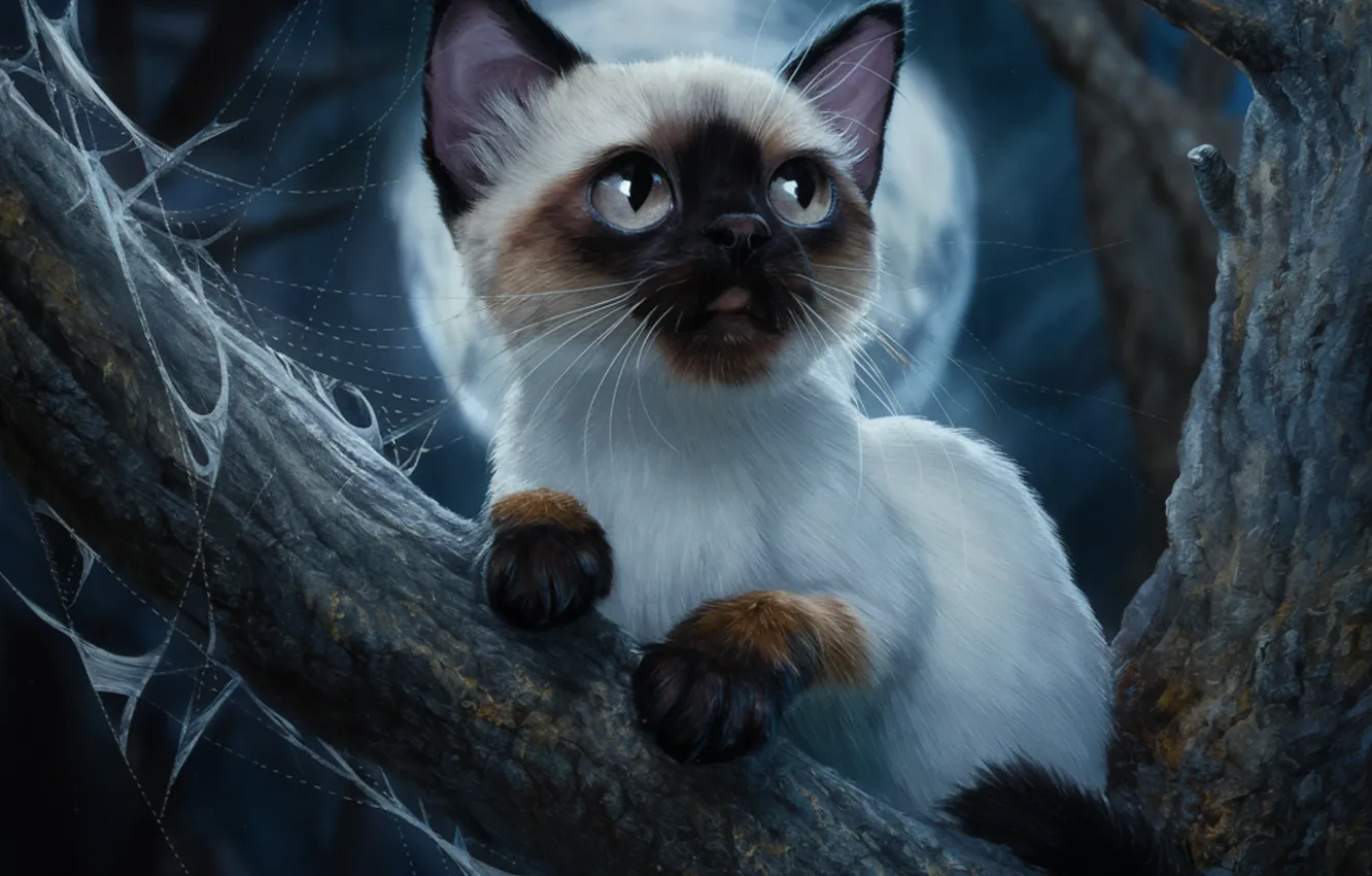 Photo wallpaper cat, look, trees, night, branches, pose, the moon, web