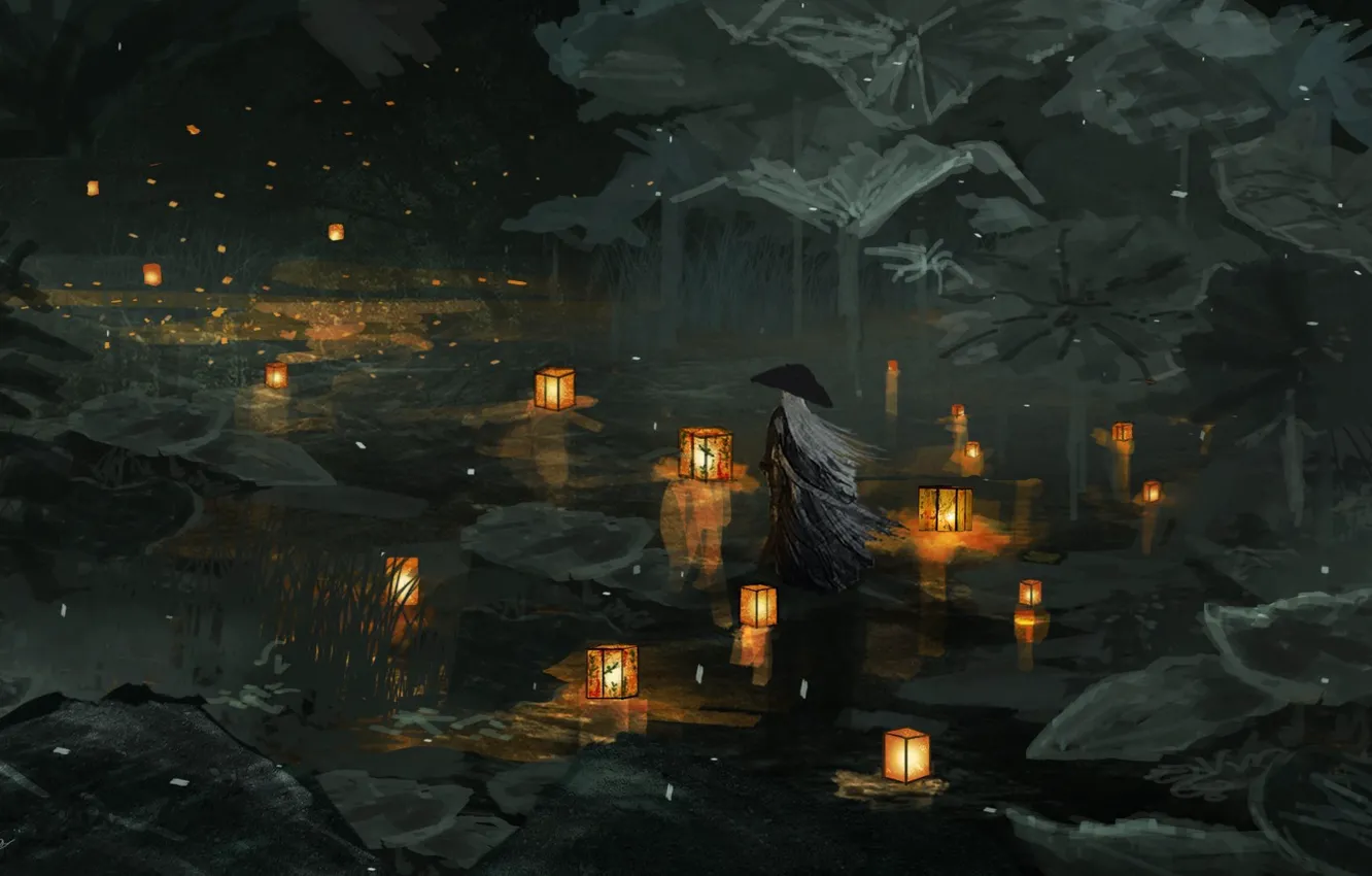 Photo wallpaper water, night, nature, flashlight, monk
