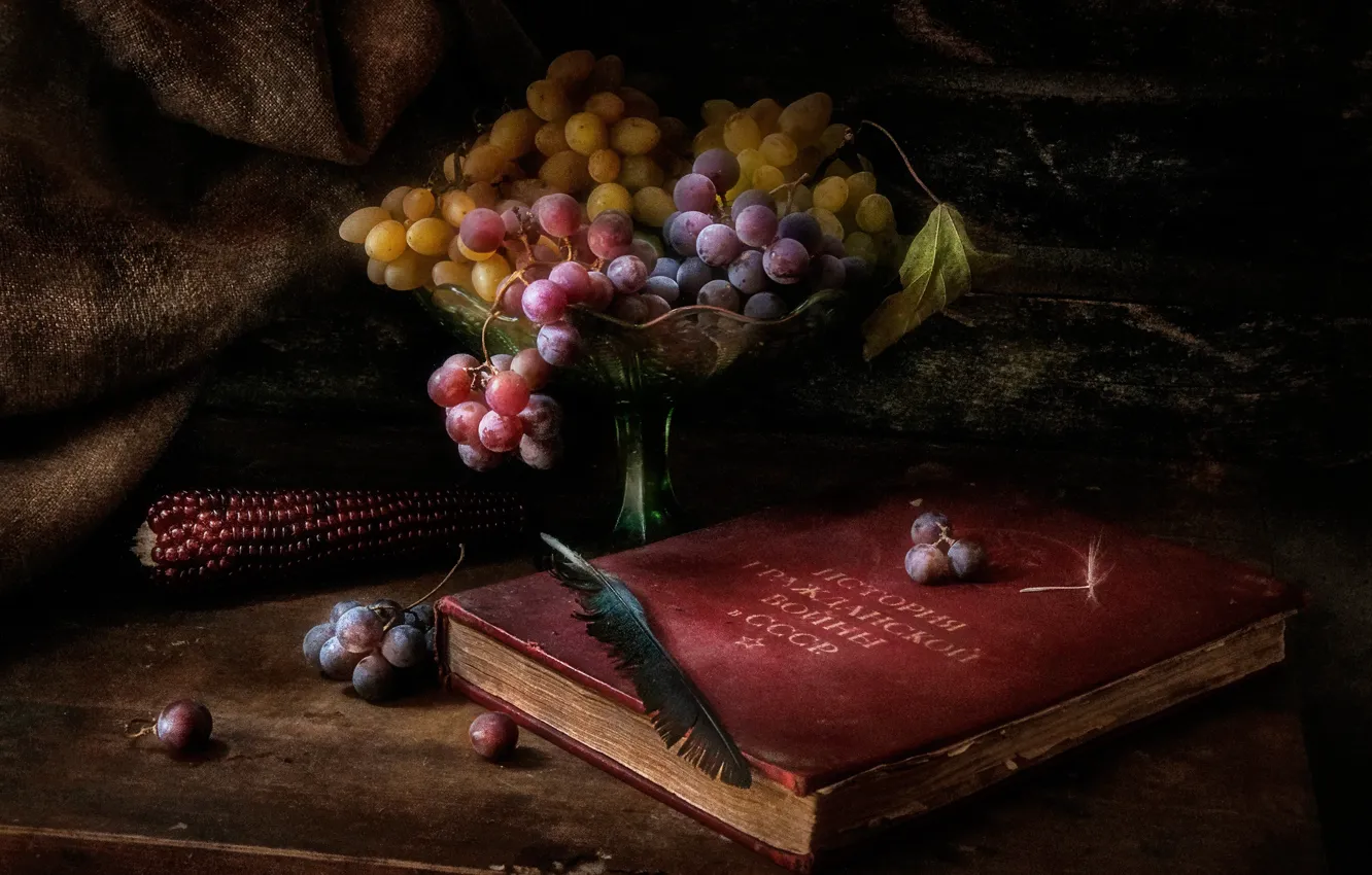 Photo wallpaper the dark background, table, feathers, corn, grapes, book, vase, USSR