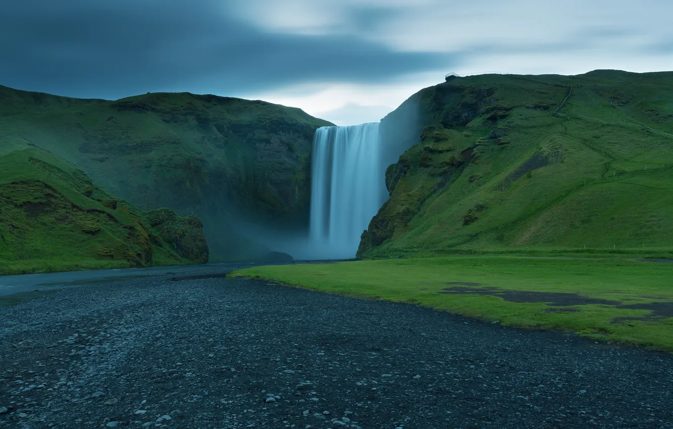 Photo wallpaper the sky, grass, clouds, open, rocks, waterfall, stream