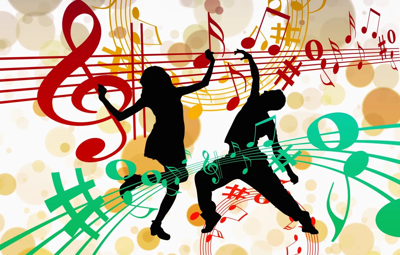 Photo wallpaper notes, music, dance, silhouettes