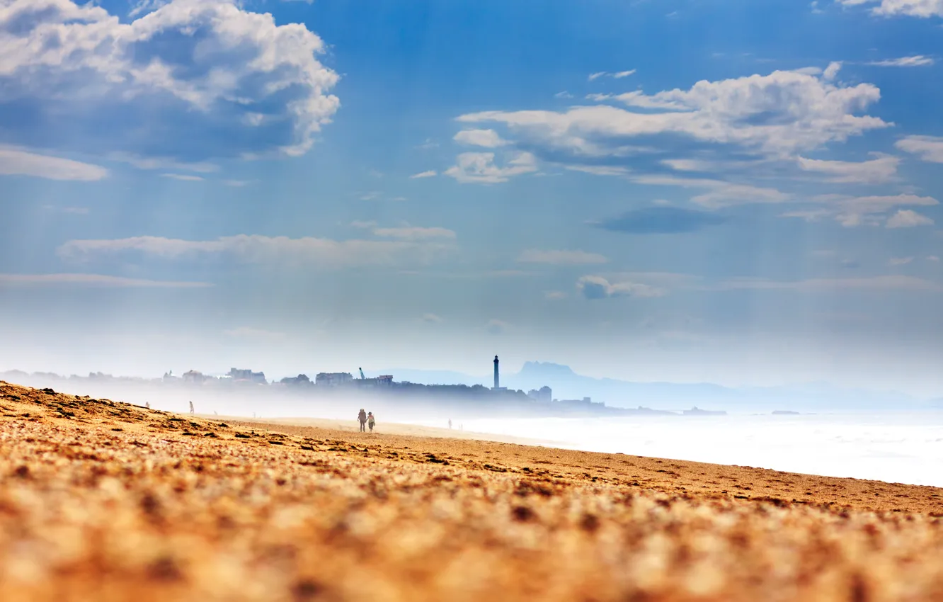 Photo wallpaper sand, sea, beach, the sky, clouds, shore, France, lighthouse