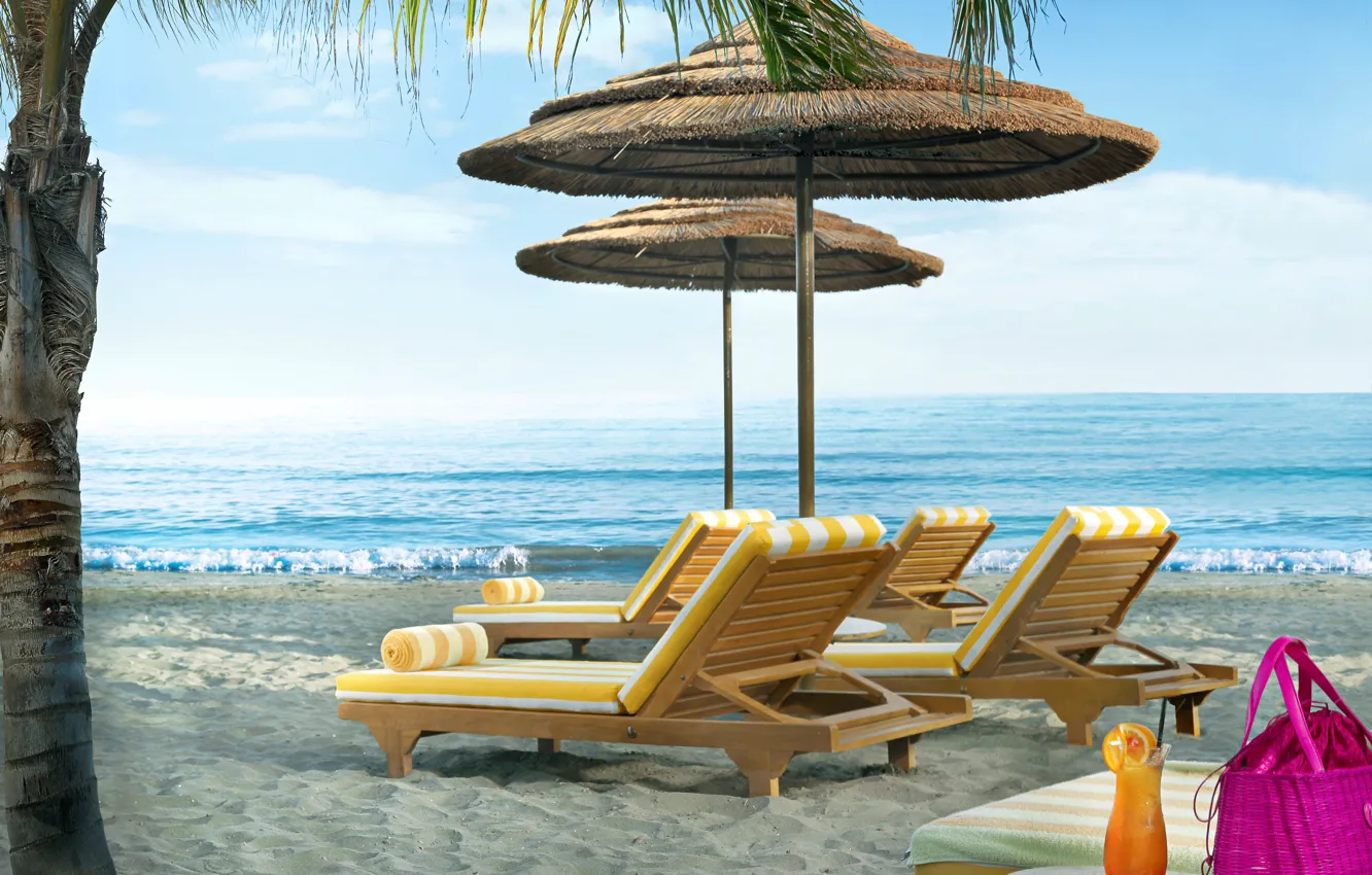 Photo wallpaper sand, sea, beach, summer, tropics, Palma, the ocean, chaise