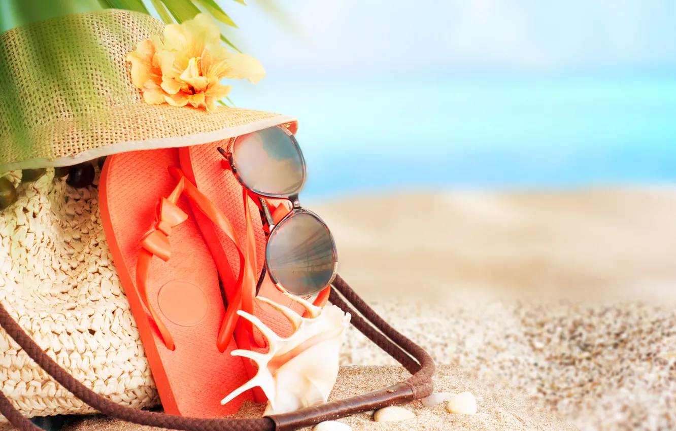 Photo wallpaper sand, sea, beach, summer, stay, hat, glasses, summer