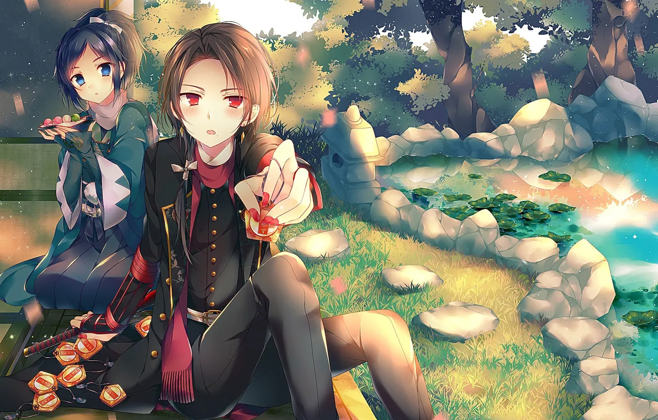 Photo wallpaper pond, amulet, friends, military uniform, in the Park, two guys, red scarf, Dango