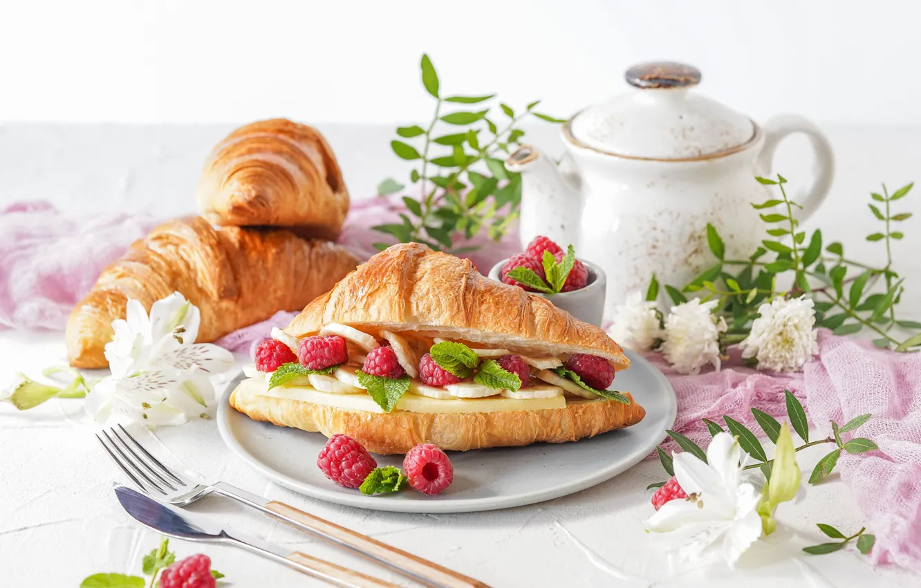 Photo wallpaper berries, raspberry, Breakfast, cheese, Croissant