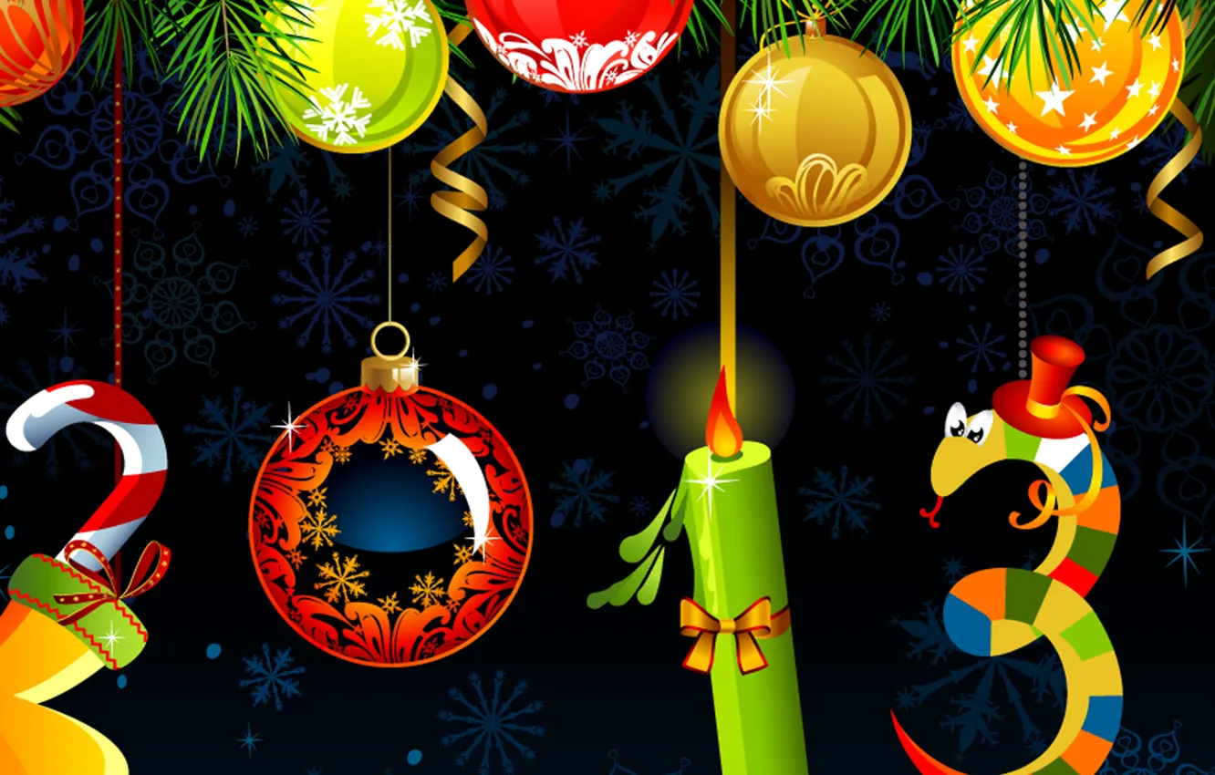 Photo wallpaper decoration, snowflakes, holiday, balls, snake, candle, Christmas, New year