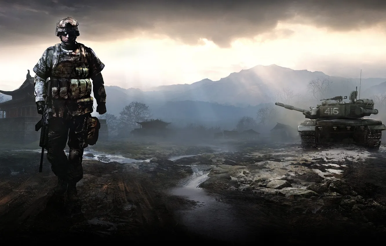 Photo wallpaper the evening, village, soldiers, tank, battlefield