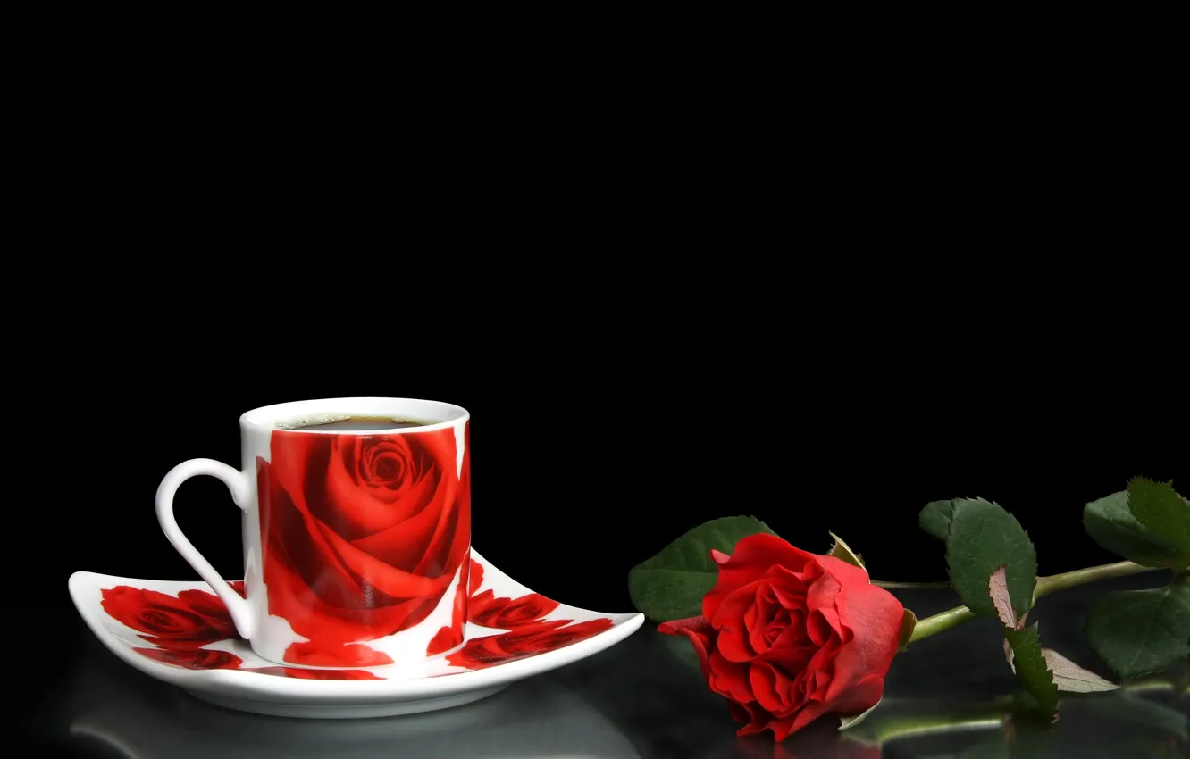 Photo wallpaper surface, red, reflection, background, black, roses, Cup, saucer