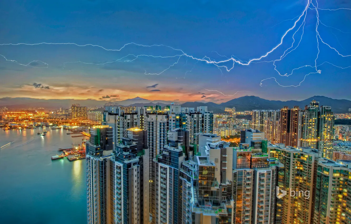Photo wallpaper the sky, lights, lightning, home, Hong Kong, the evening, Kowloon, Kowloon