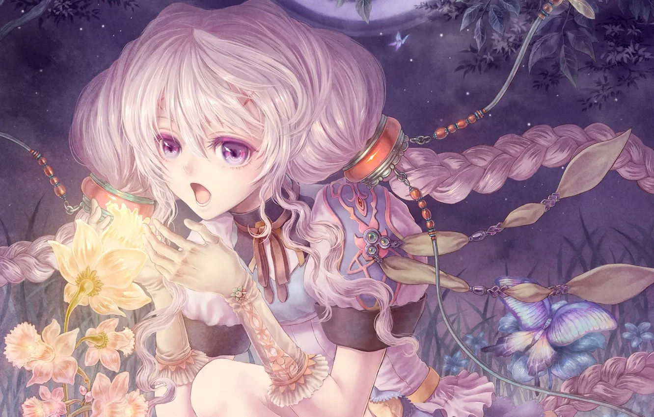 Photo wallpaper girl, flowers, magic, butterfly, hair, braid, lush
