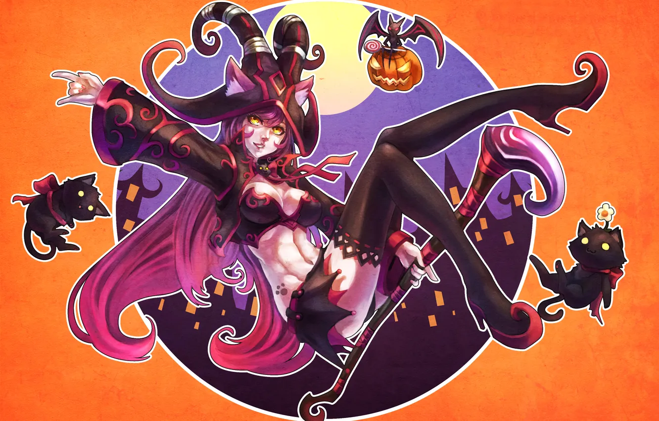 Photo wallpaper cat, girl, cat, pumpkin, staff, witch, Halloween, ears