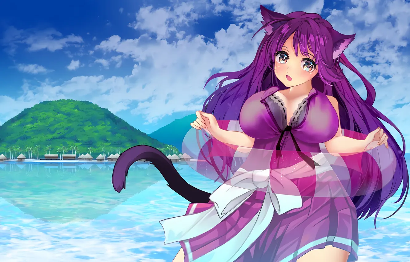 Photo wallpaper girl, game, bra, cleavage, beach, long hair, sea, ocean