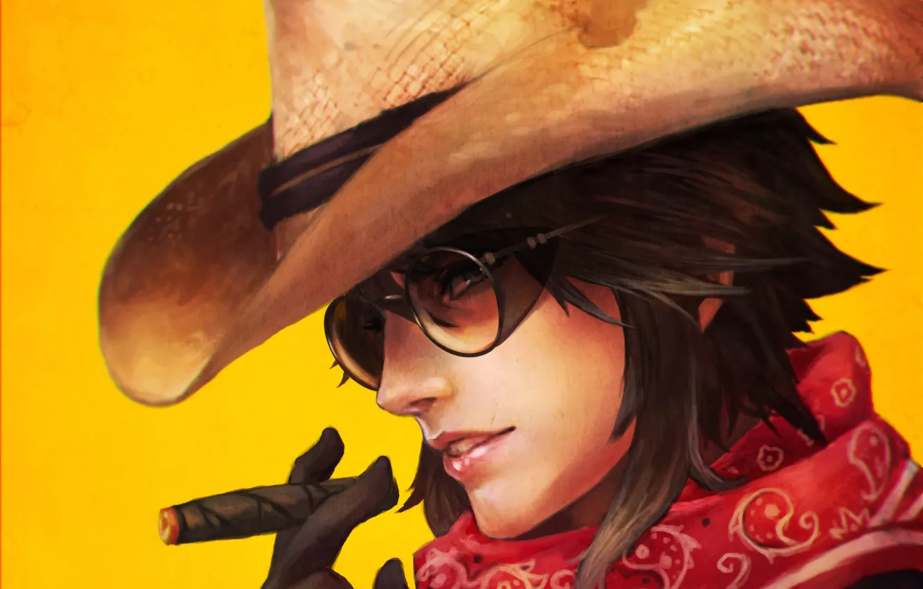 Photo wallpaper girl, hat, glasses, cigar, cowboy, fan art, casual, Overwatch