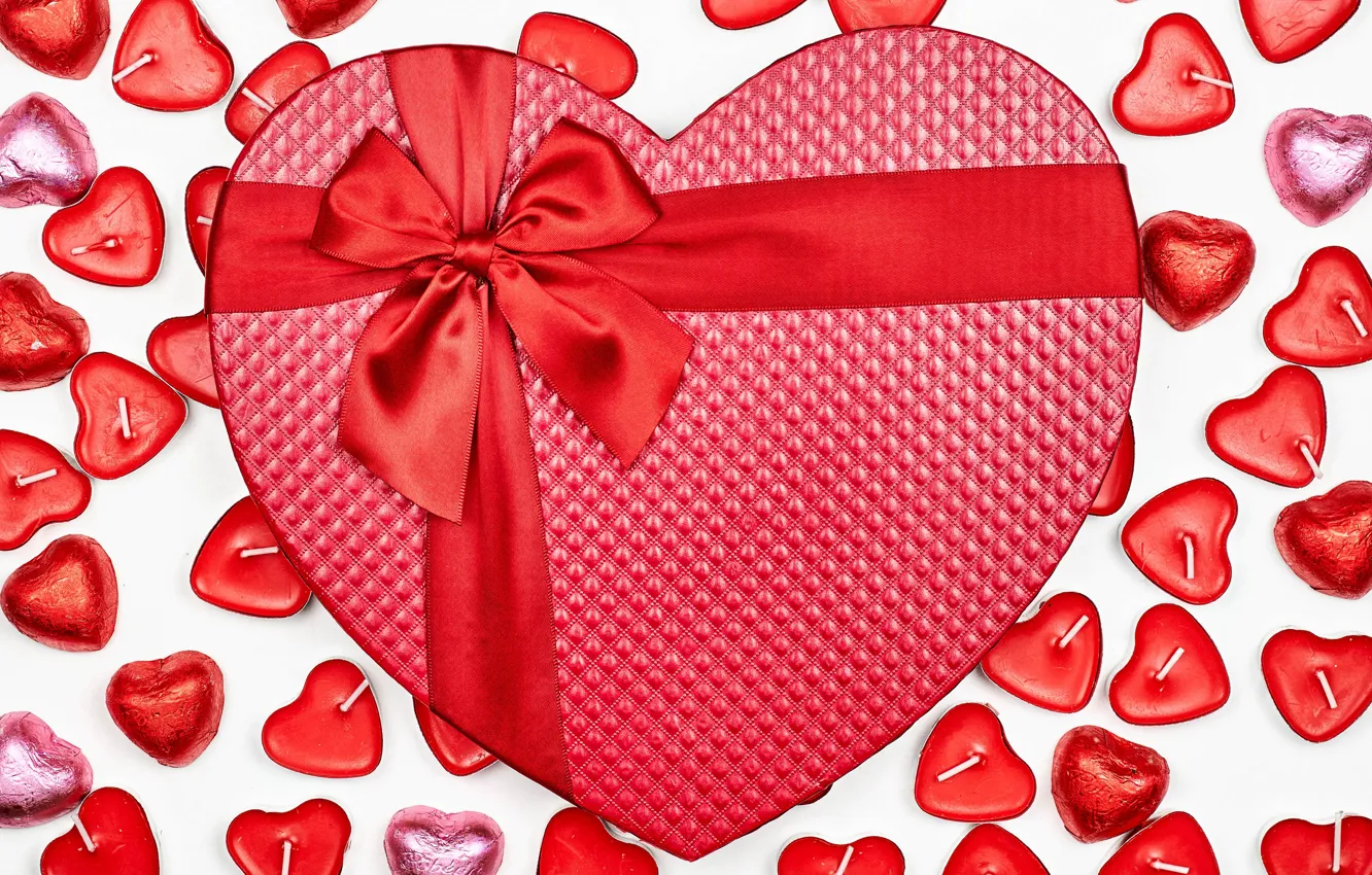 Photo wallpaper gift, heart, candy, hearts, red, white background, bow, ribbon