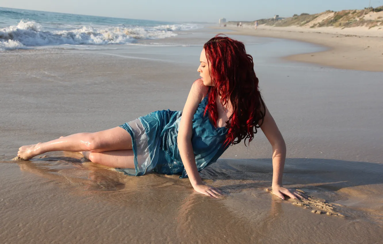 Photo wallpaper sand, sea, wave, beach, girl, pose, profile, red hair