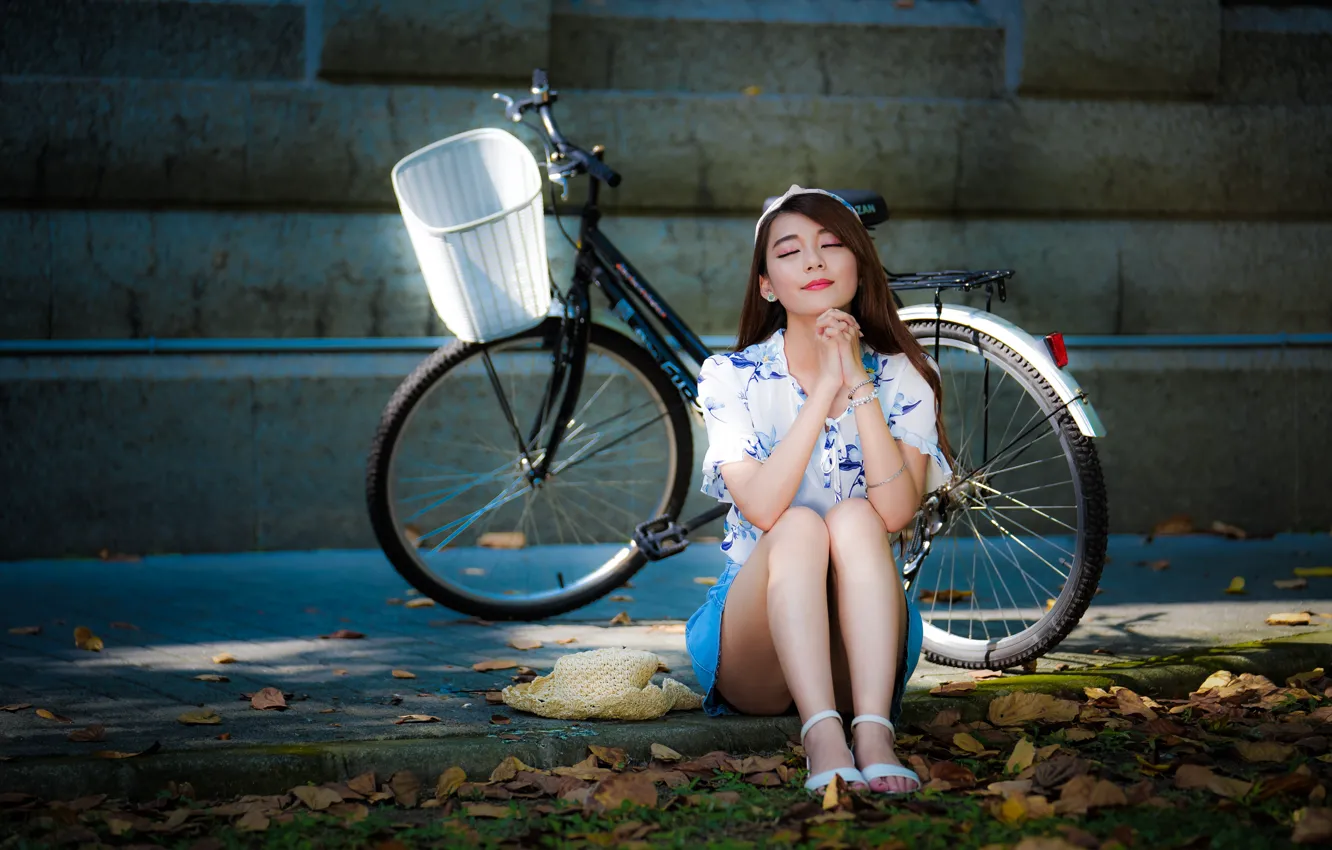 Photo wallpaper girl, bike, Asian, cutie