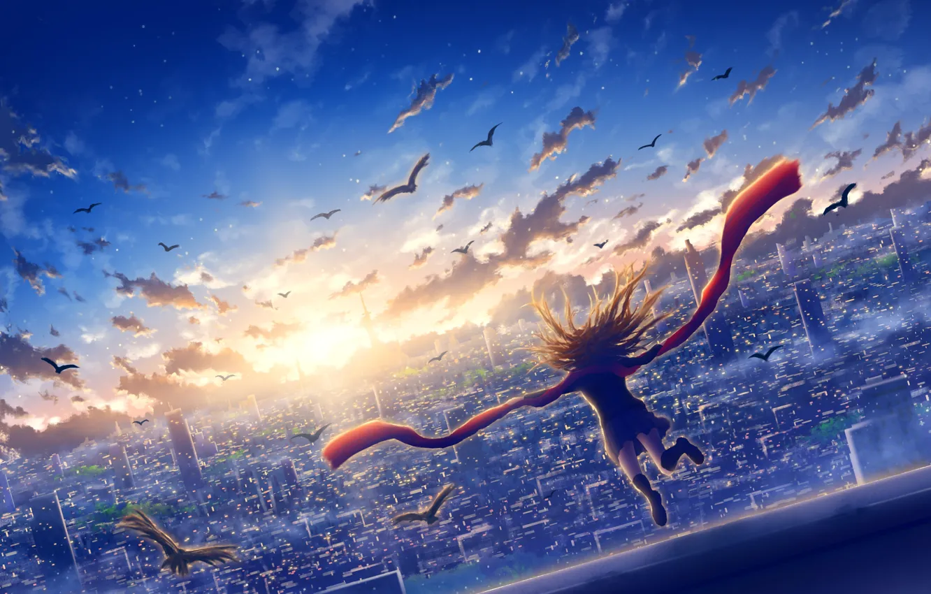 Photo wallpaper roof, the sky, girl, sunset, the city, jump, bird