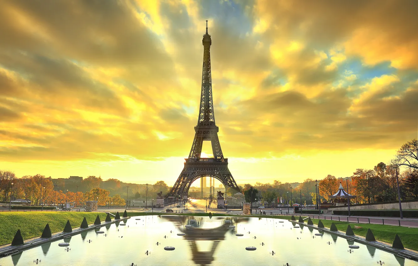 Photo wallpaper autumn, trees, the city, Park, Paris, Eiffel tower