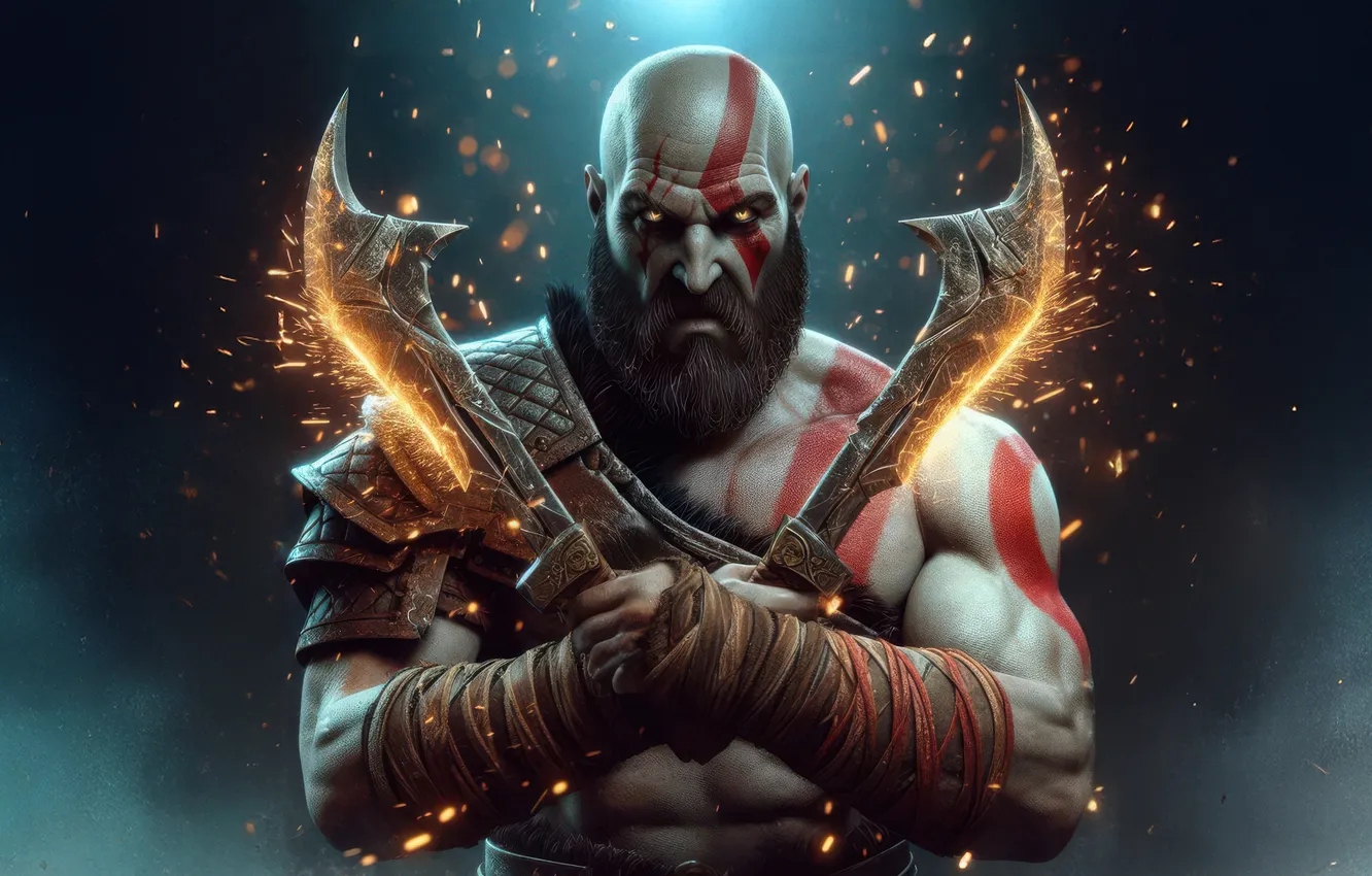 Photo wallpaper god of war, weapon, kratos, sony, snow, blow, man, boy
