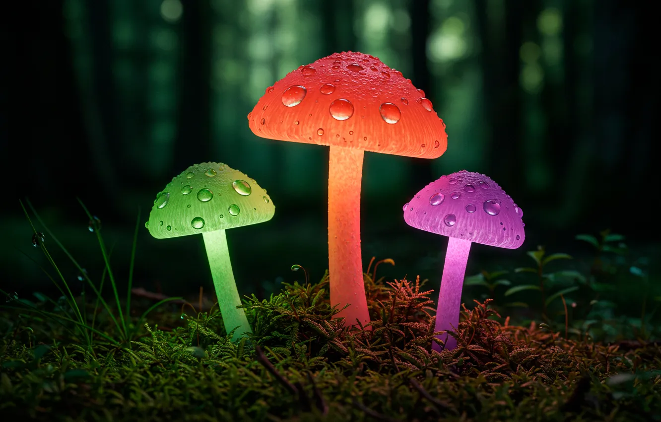 Photo wallpaper forest, macro, lights, mushrooms, art, wallpaper, forest, art