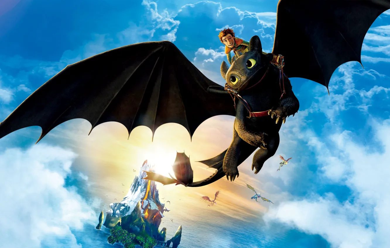 Photo wallpaper wide, Toothless, Hiccup, riding