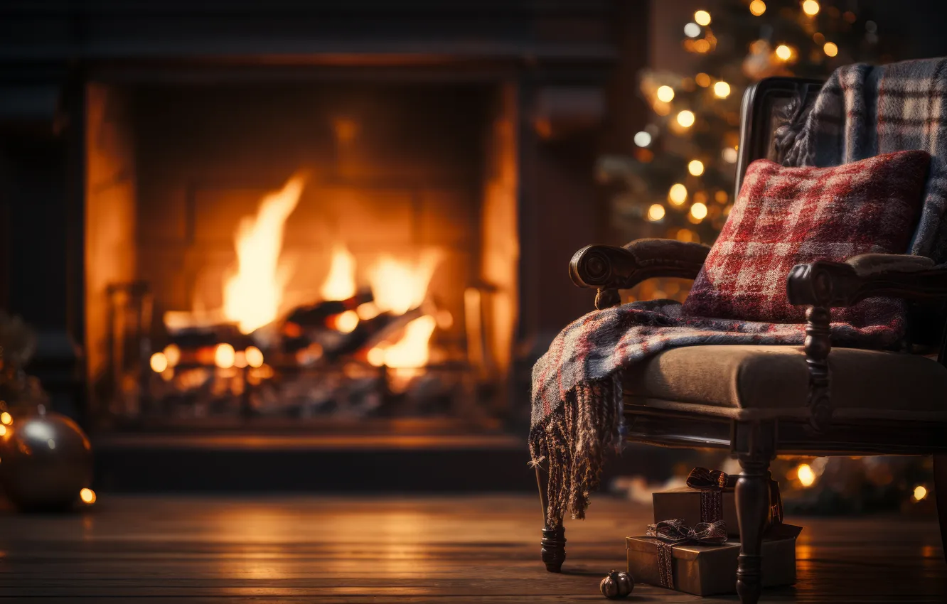 Photo wallpaper room, interior, chair, Christmas, New year, fireplace, Christmas, view
