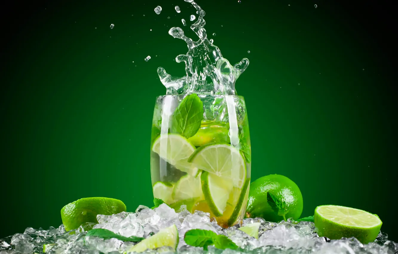 Photo wallpaper water, glass, ice, splash, lime, drink, mint