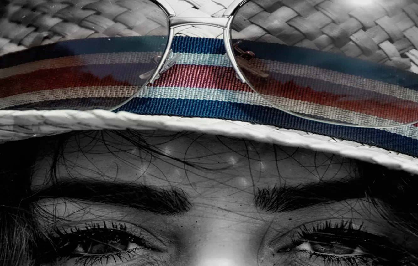 Photo wallpaper hat, eyes, black and white, look, glasses