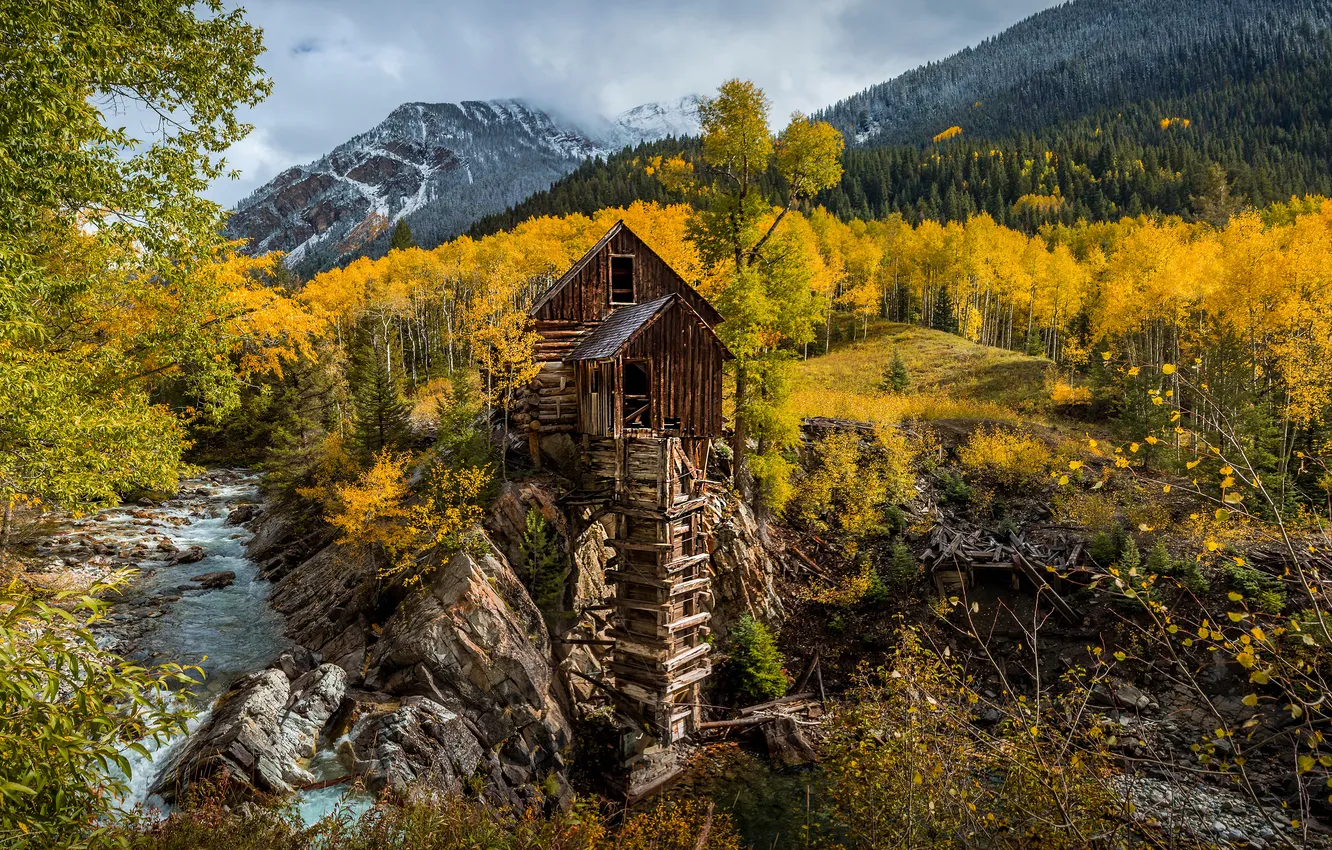 Photo wallpaper autumn, forest, mountains, shore, mill