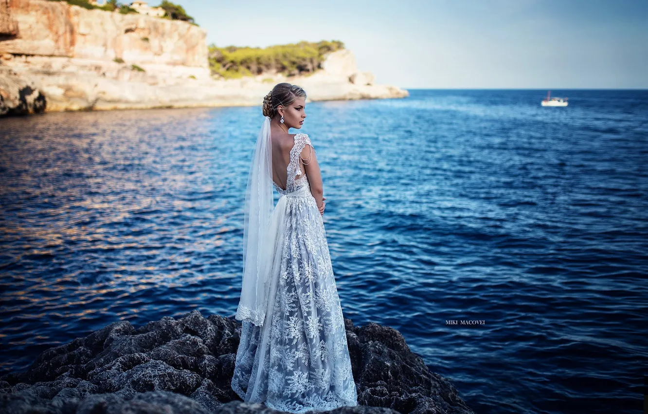 Photo wallpaper sea, girl, rocks, back, dress, the bride, Miki Macovei Come With