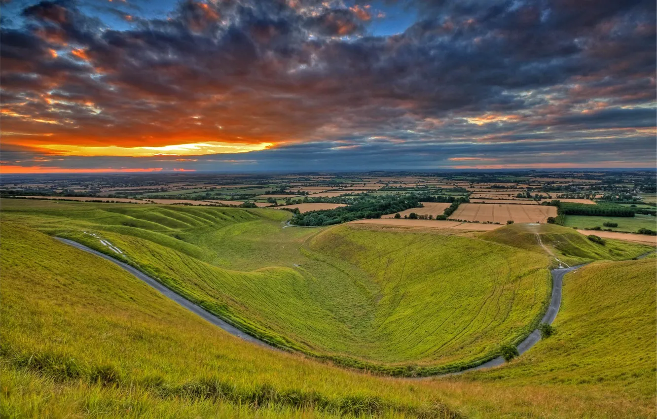 Photo wallpaper field, the sky, clouds, sunset, nature, hills, England, valley