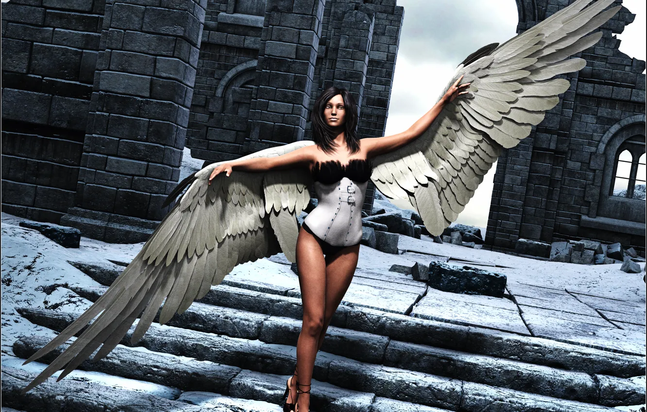 Photo wallpaper look, girl, rendering, hair, wings, angel, ladder