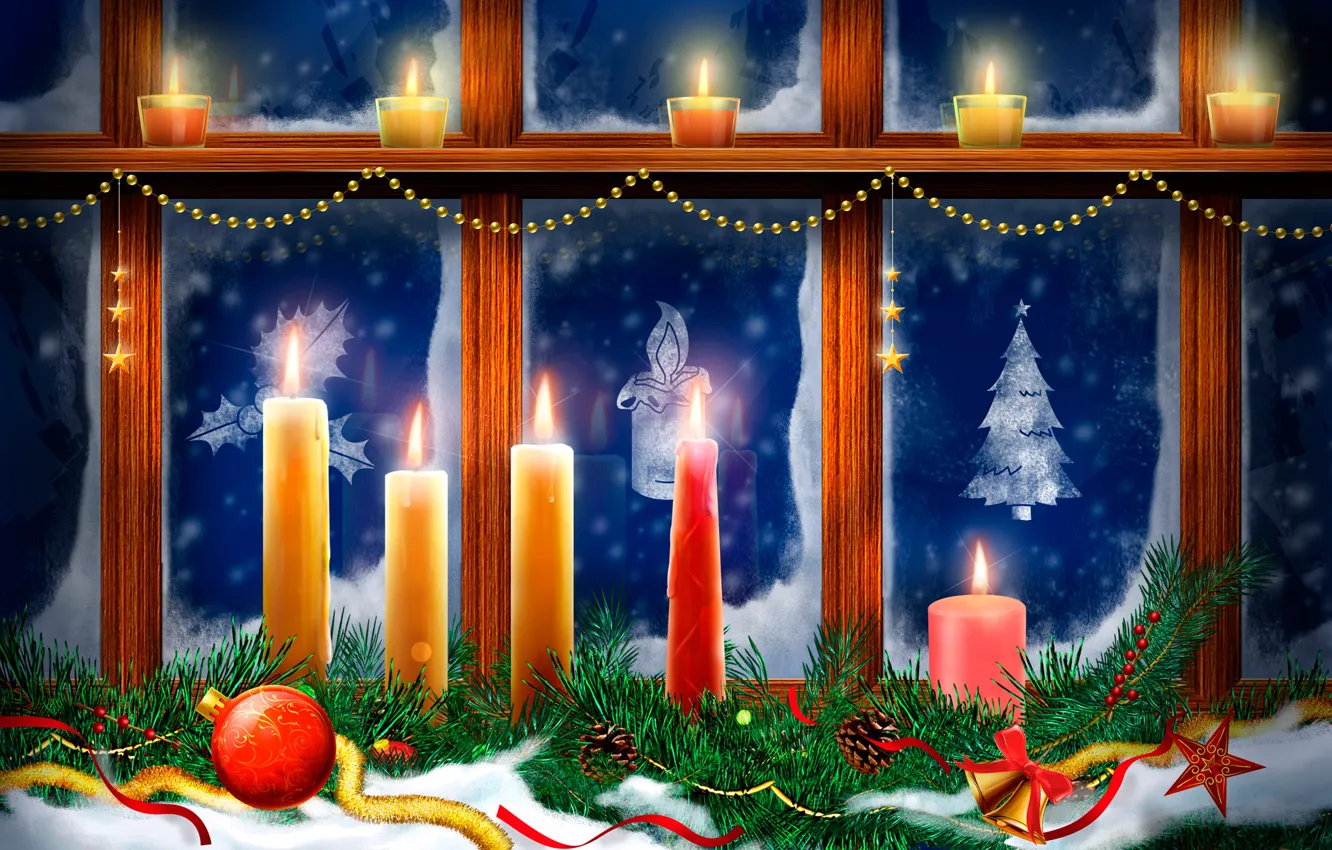Photo wallpaper decoration, pattern, vector, candles, window, Christmas, postcard