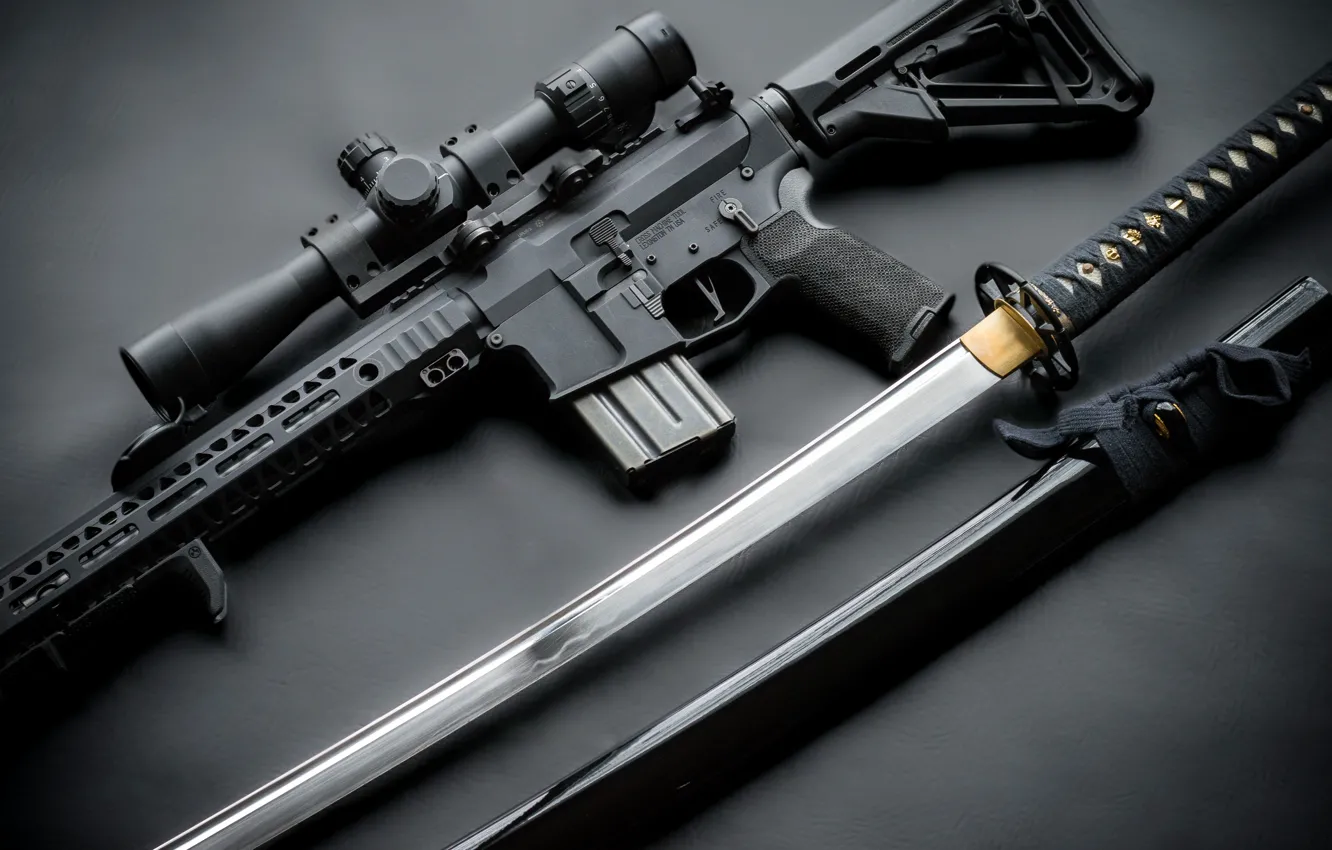 Photo wallpaper style, sword, katana, optics, arm, assault rifle