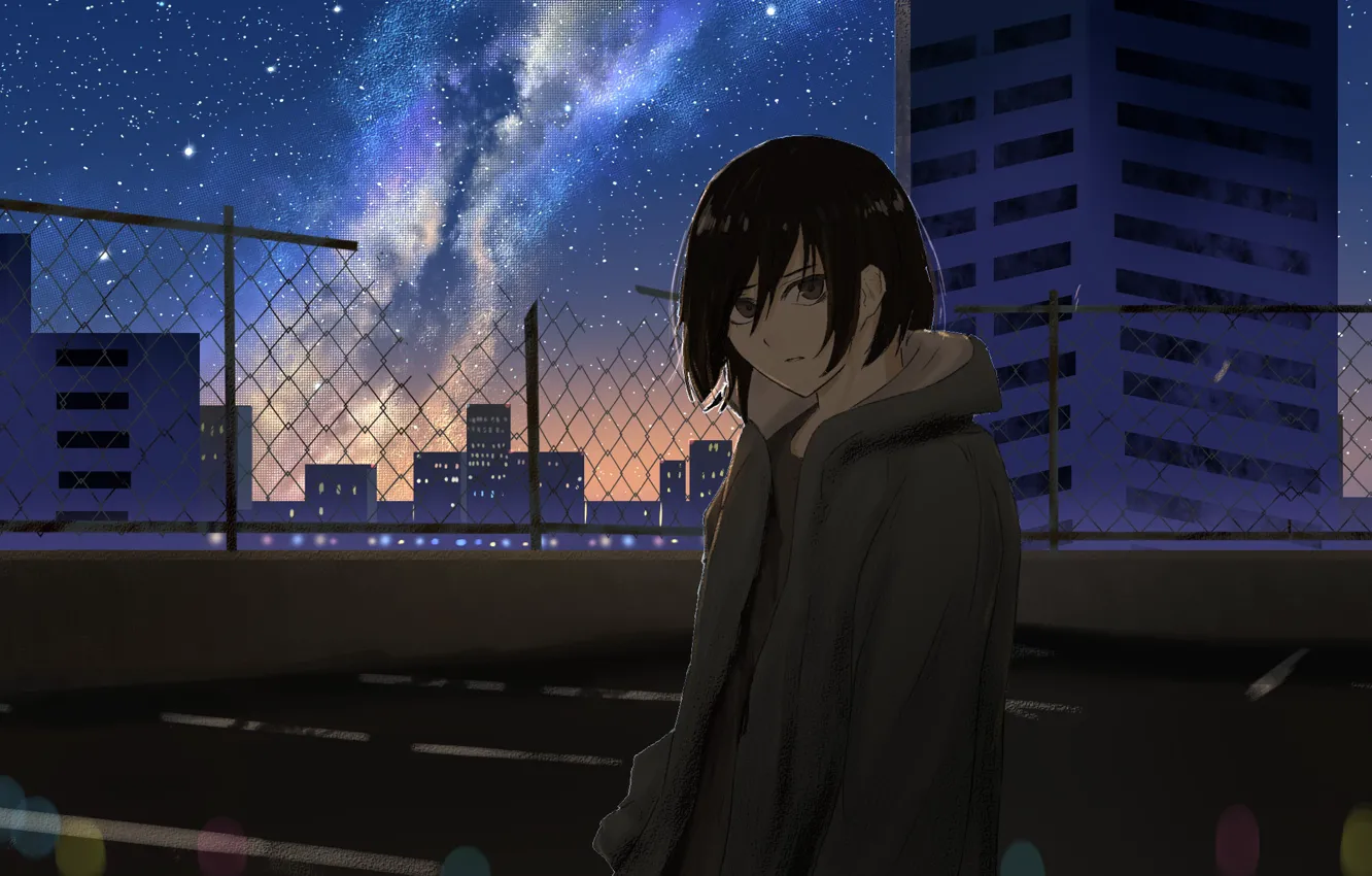 Photo wallpaper roof, the sky, girl, night, the city, the milky way, Sketcher