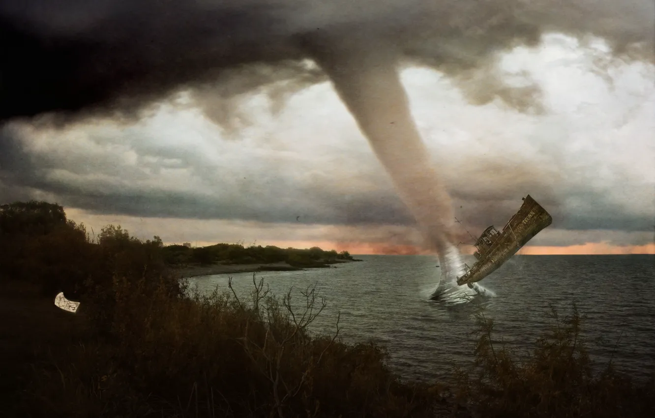 Photo wallpaper sea, clouds, ship, tornado, hurricane, the ship