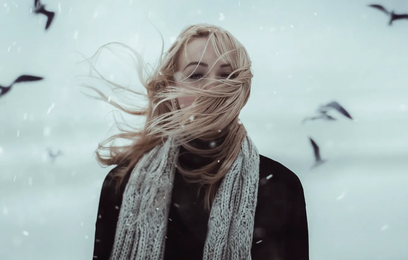 Photo wallpaper girl, snow, birds, hair, Alexander Shark, SIMA