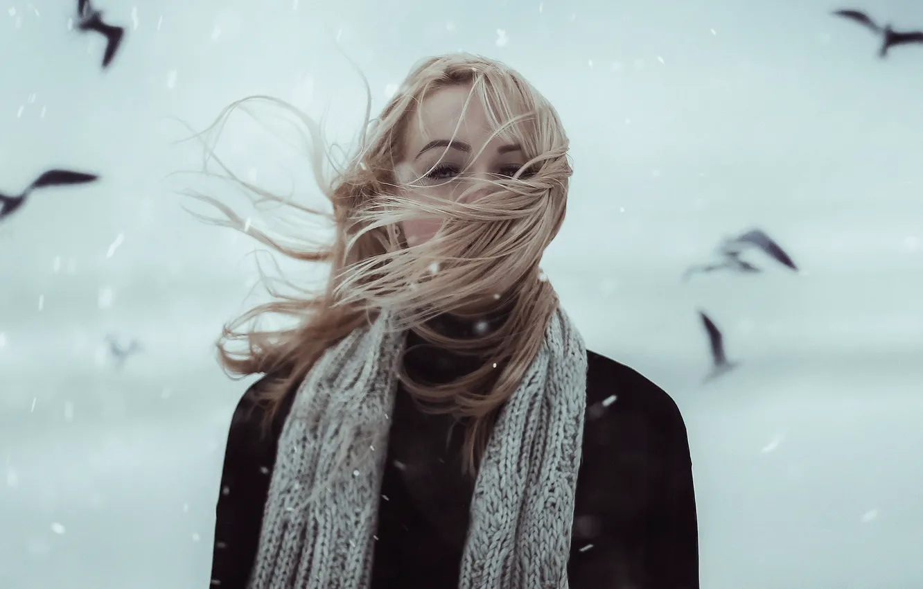Photo wallpaper girl, snow, bird, hair, Alexander Shark, SIMA