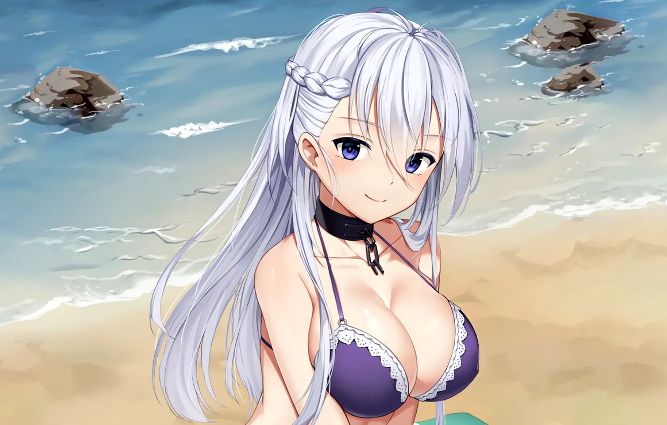 Photo wallpaper girl, sexy, cleavage, beach, long hair, sea, boobs, anime