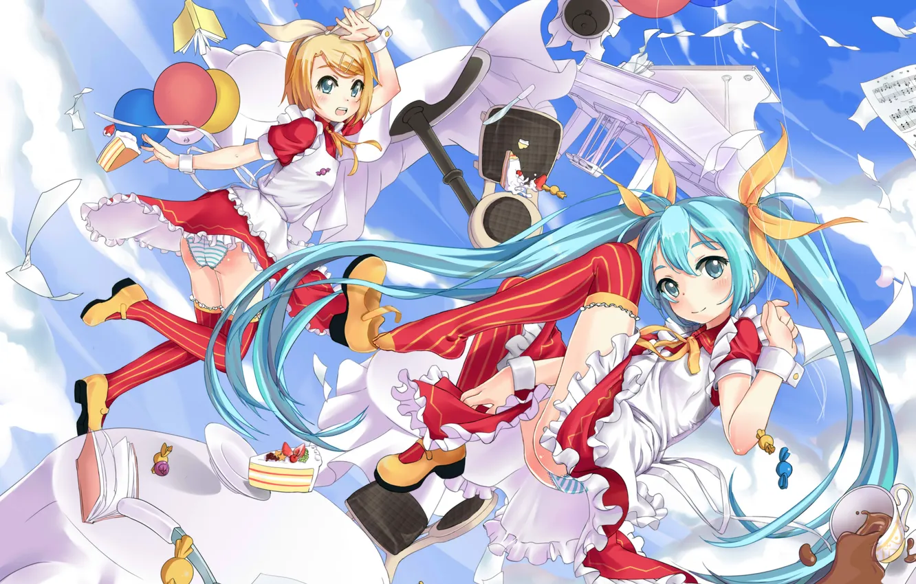 Photo wallpaper the sky, girl, clouds, balls, notes, piano, art, vocaloid