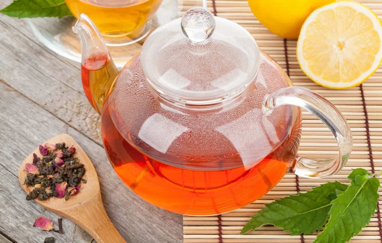 Photo wallpaper leaves, lemon, tea, kettle, welding, Mat