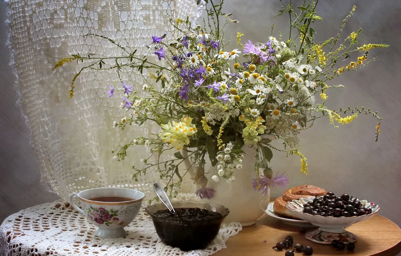Photo wallpaper flowers, tea, chamomile, bouquet, still life, currants, jam, buns