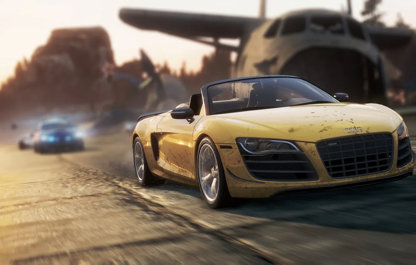 Photo wallpaper chase, dust, the airfield, need for speed most wanted 2, Audi R8 GT Spyder