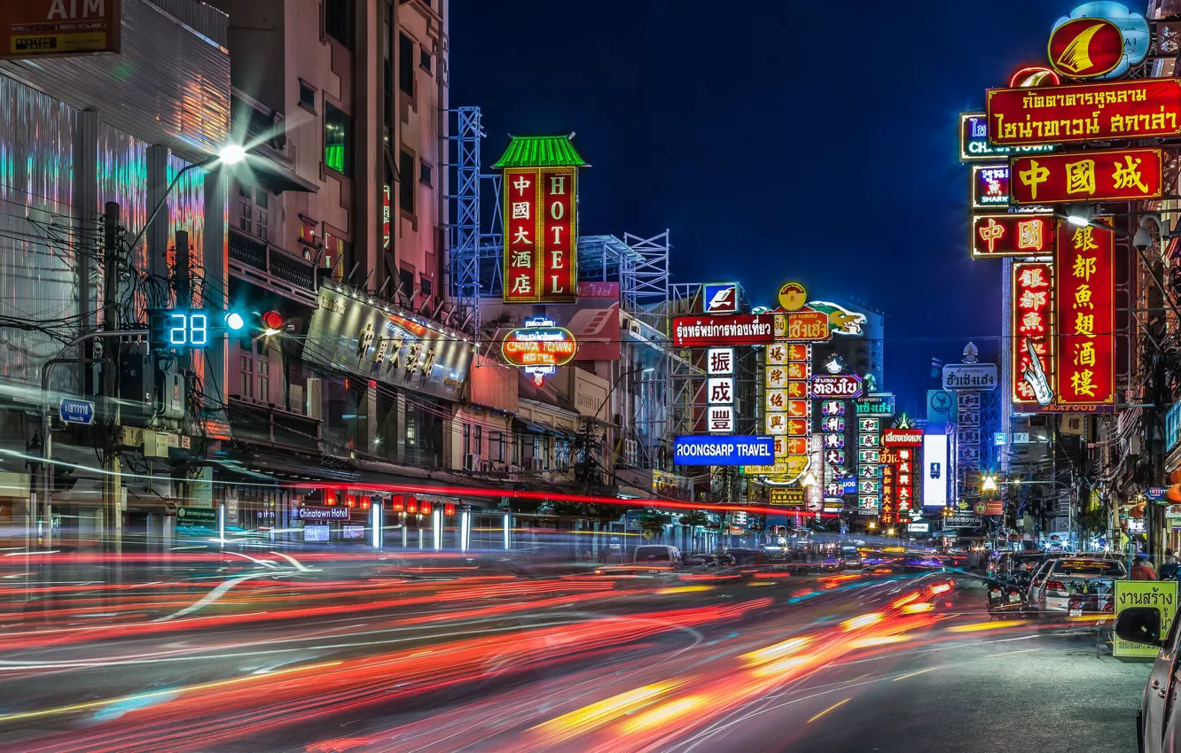 Photo wallpaper night, lights, street, track, home, Thailand, Bangkok
