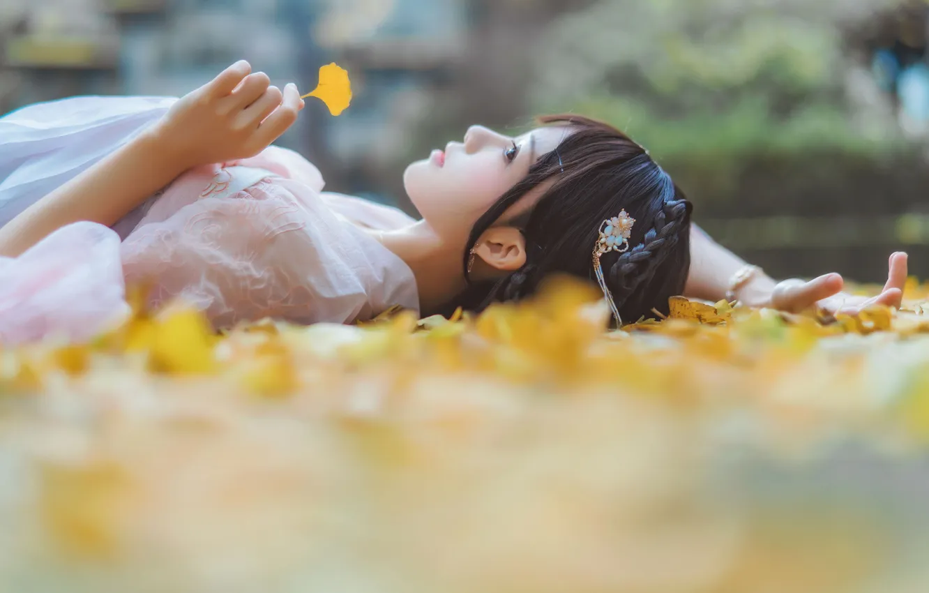 Photo wallpaper woman, beautiful, leaves, model, pretty, asian, lying down, laying