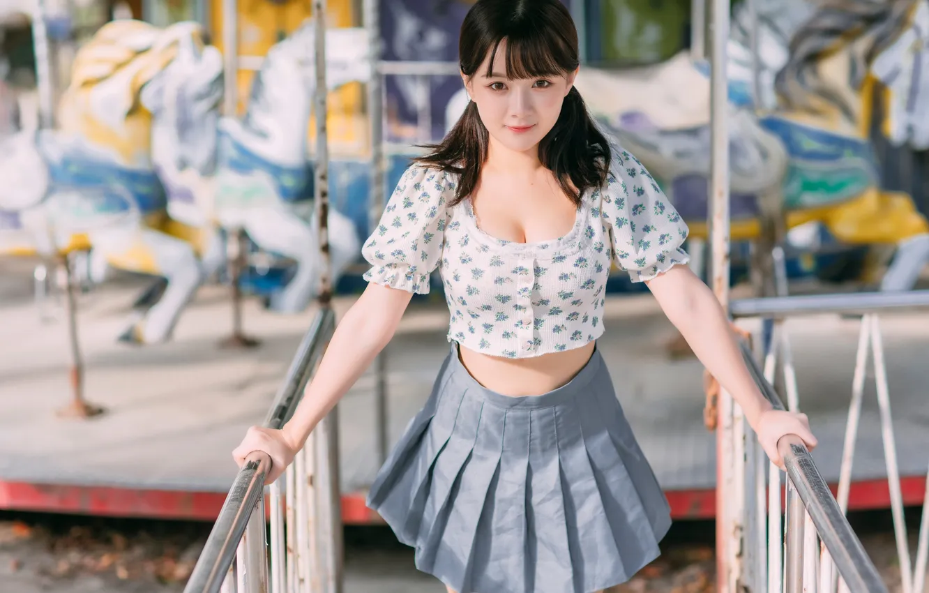 Photo wallpaper girl, pose, skirt, blouse, Asian