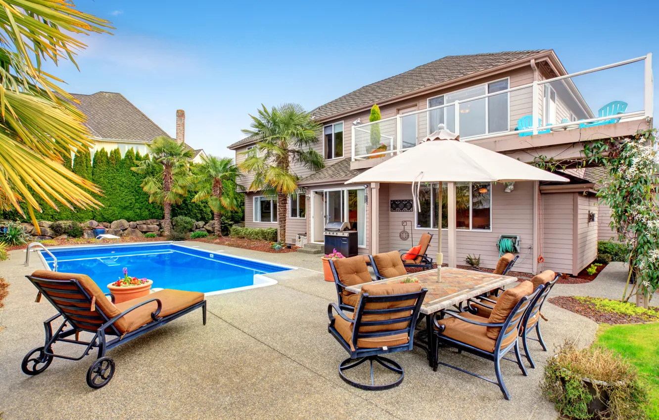 Photo wallpaper design, house, stones, palm trees, table, chairs, interior, pool